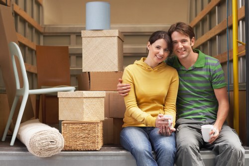 Packed boxes and furniture ready for a removals van in Abbey Wood