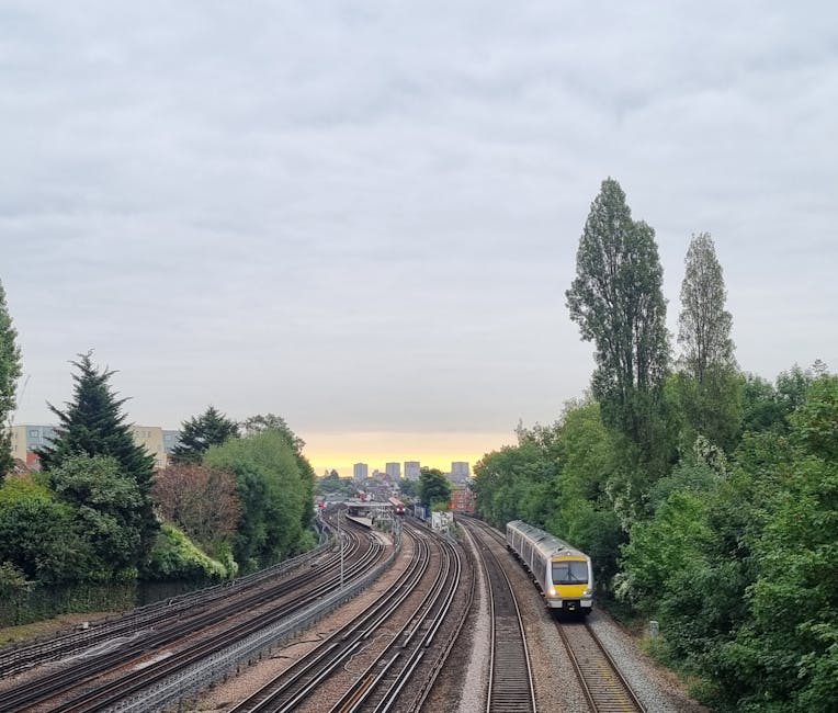 A moving scene showing a railway line with multiple steel tracks curving through a green, semi-urban area during daylight. Dense trees with leafy foliage border both sides of the tracks, and a modern commuter train with a yellow front and silver body is traveling along one of the tracks towards the horizon. The background features a distant cityscape with several high-rise buildings under an overcast sky with patches of sunlight breaking through the clouds. Inside a property, visible in the foreground, are various packed cardboard boxes, some wrapped in plastic, placed on the floor near the doorway. Nearby, a wooden furniture piece and a few plastic-wrapped household items are staged for loading. A person can be seen lifting or arranging boxes and furniture to prepare for transportation, as part of a home relocation or furniture transport process. This scene is typical of a professional removals operation by Man With a Van Abbey Wood, emphasizing careful packing, loading, and transportation logistics for house moves between Thamesmead and Abbey Wood.